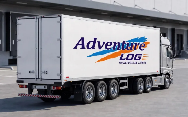 Caminhão da frota Adventure Log em três quartos traseiros, com a marca aplicada na lateral do baú, em pátio de docas de carregamento.